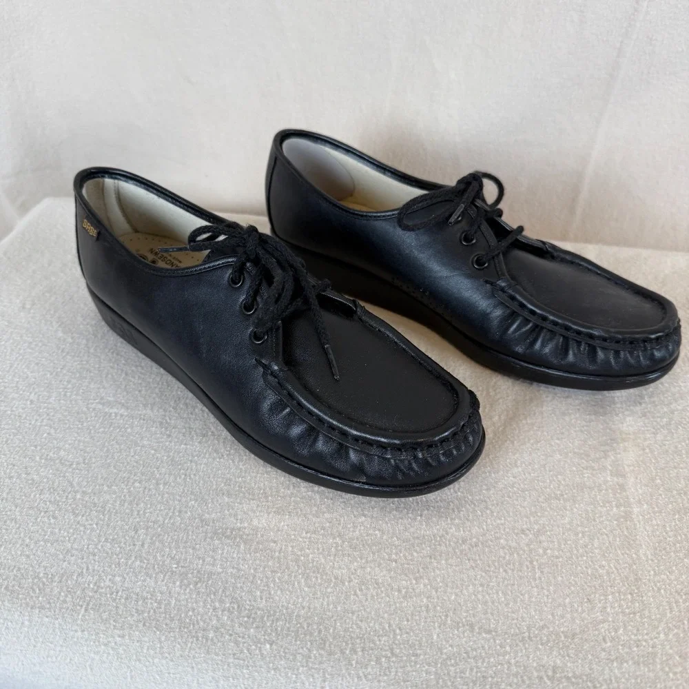 SAS Siesta Womens 10 N Black Leather Lace Up Moc Toe Walking Shoes Loafers‎ USA